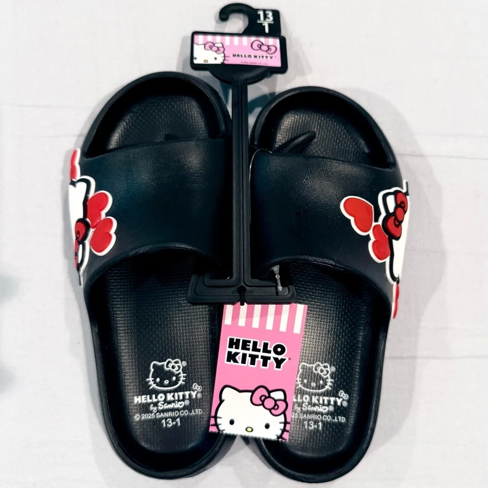 New Hello Kitty Black Slides Girls 13-1 Sanrio Hearts Summer Beach Pool Vacation